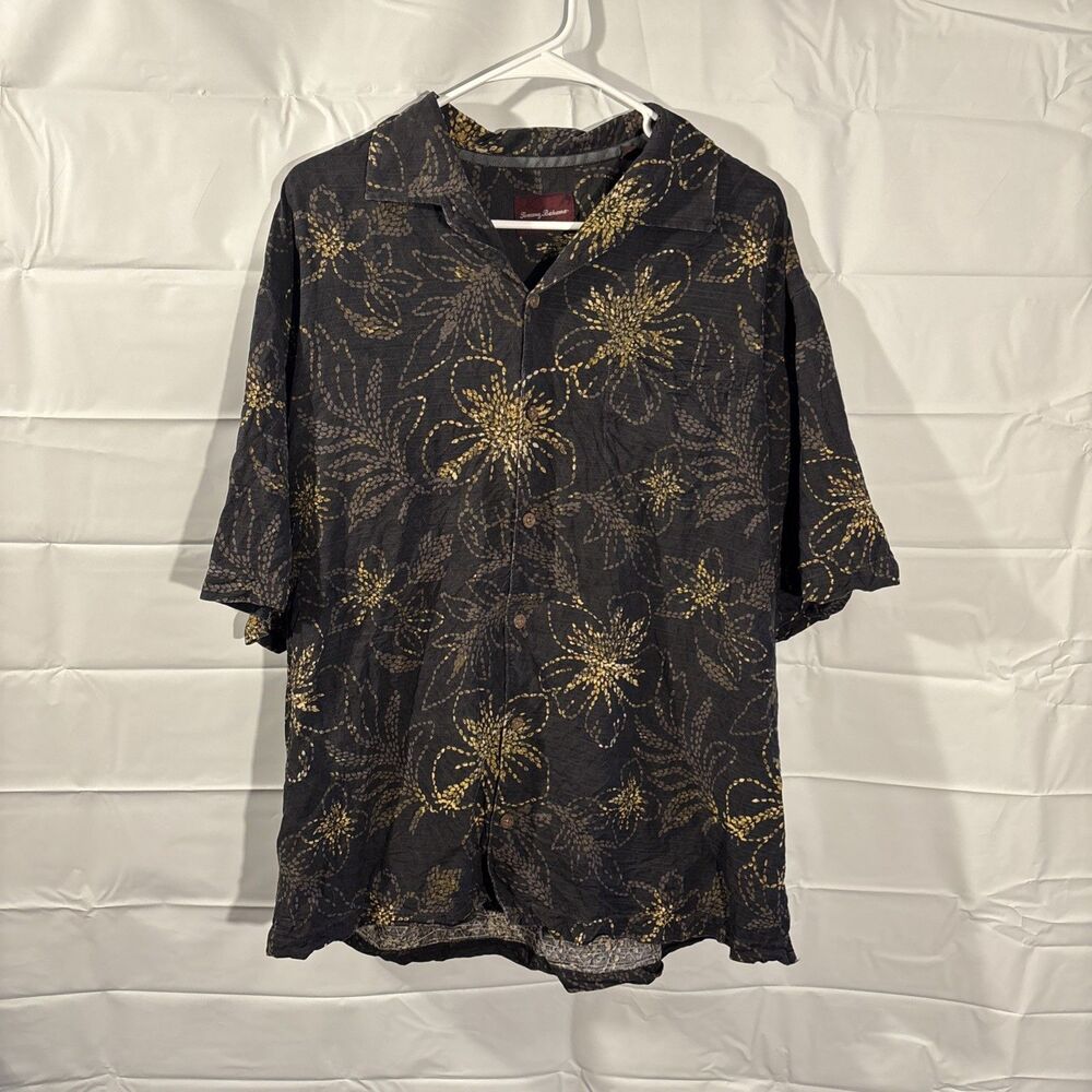 Tommy Bahama Silk Hawaiian Shirt Men’s XL Black With Flowers